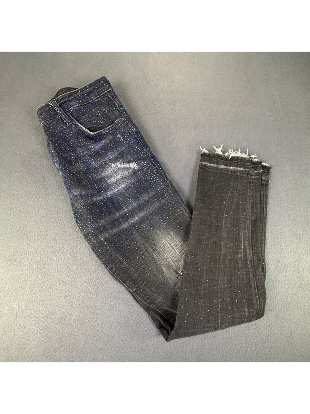 Avenue George V Paris Mens Sz 36 Black/Blue/Rhinestones Distressed Jean Unhemmed
